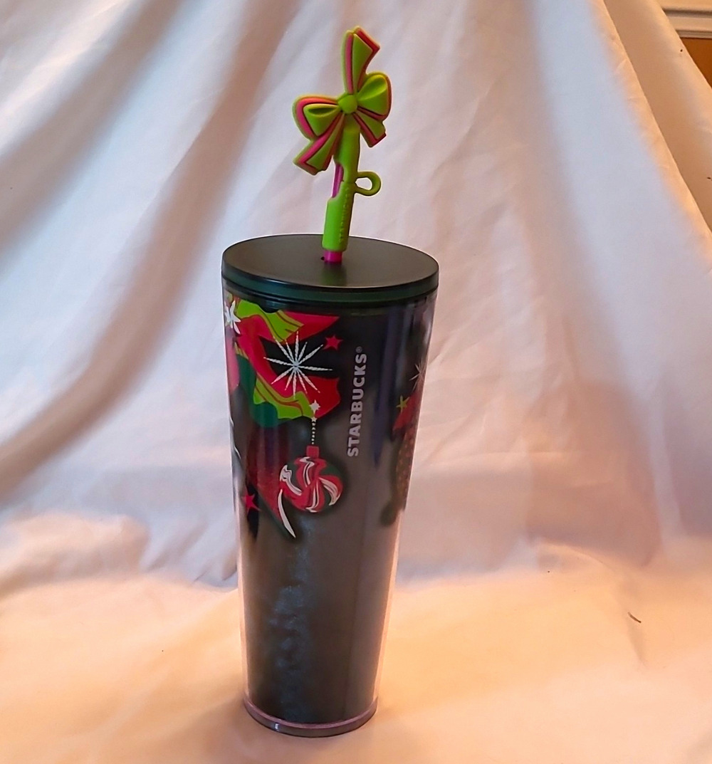 NWT Starbucks Holiday Christmas Cold Cup Tumbler w/Lid Venti Straw Bow Top 24oz